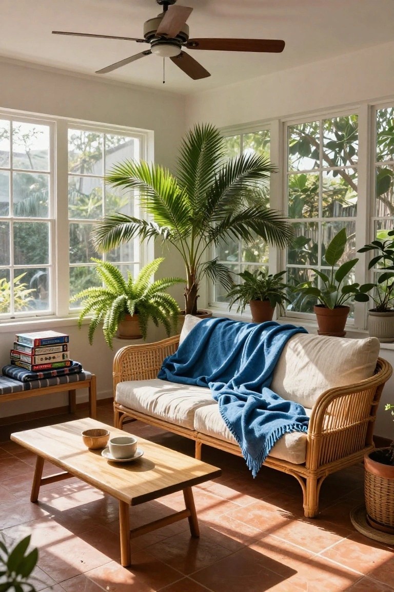 Sunlit rattan sofa with blue throw, wooden table, and leafy plants.