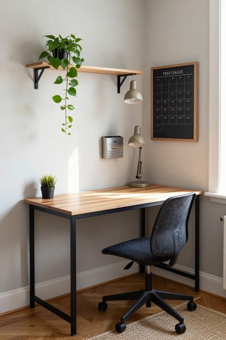 Minimalist home office with wooden desk, black chair, plant, and chalkboard.