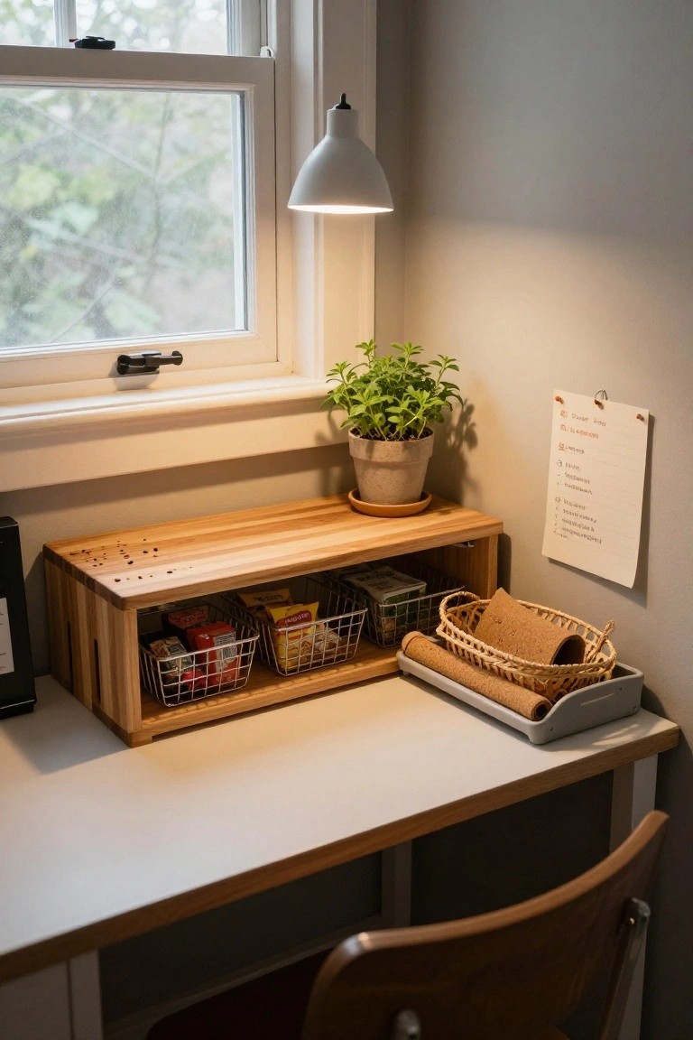 Wooden desk with plant, baskets, notepad under hanging lamp by window.