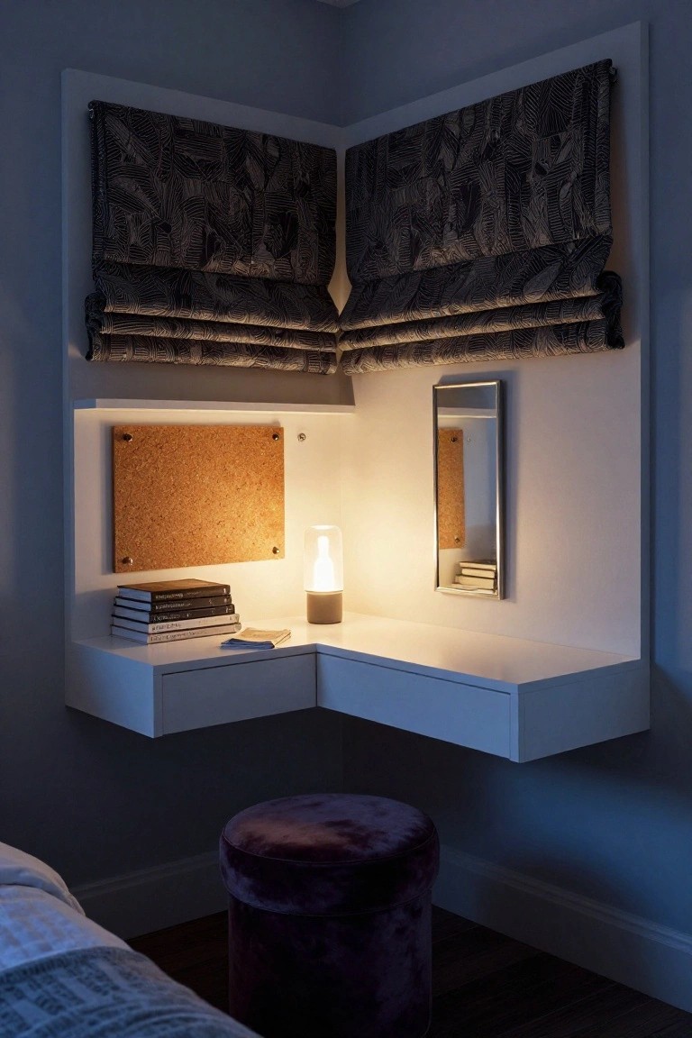A white floating L-shaped corner desk with drawers, a corkboard panel, a small lamp, and stacked books in a room corner under two patterned window shades.
