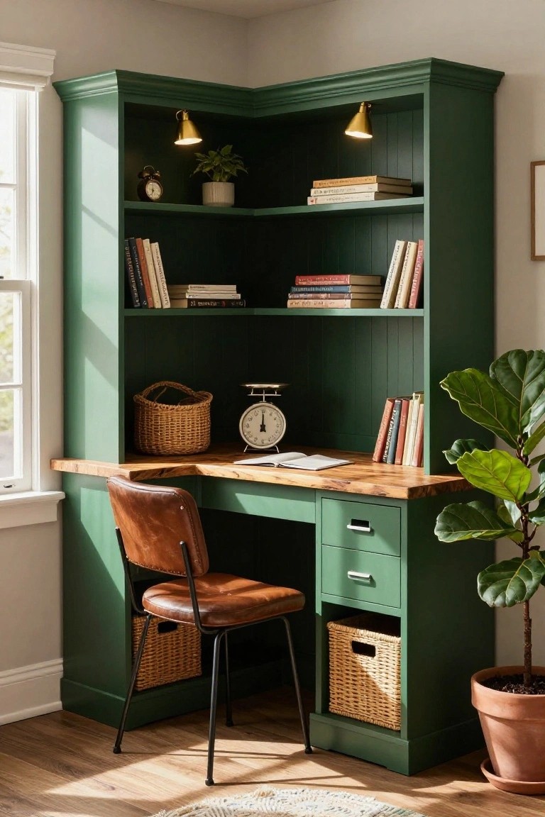 Green corner desk with bookshelves, brown leather chair, and plant.