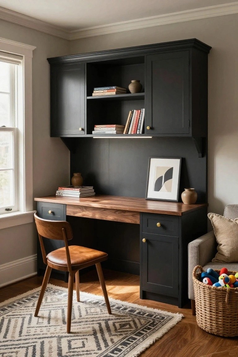 Dark wood desk with black cabinets, leather chair, and patterned rug.
