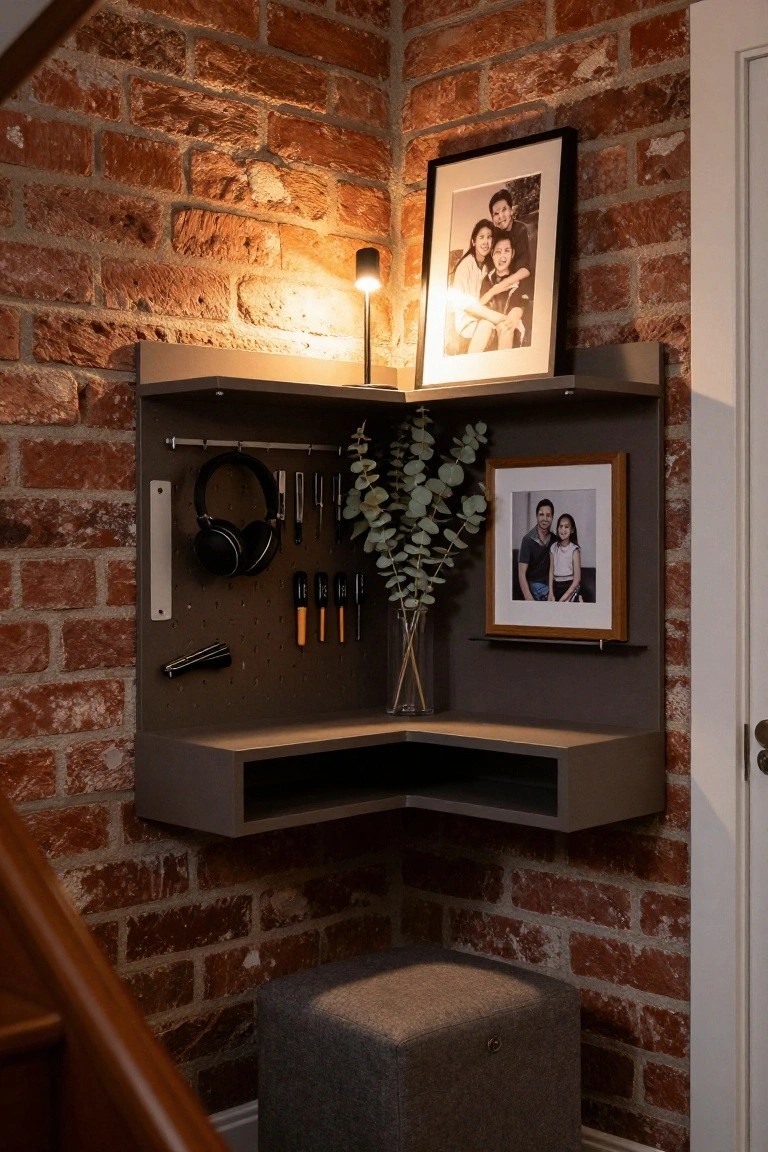 A corner workspace features floating gray shelves with a pegboard back holding headphones and small tools, two framed photos, a glass vase with greenery, and a gray stool below against a brick wall.