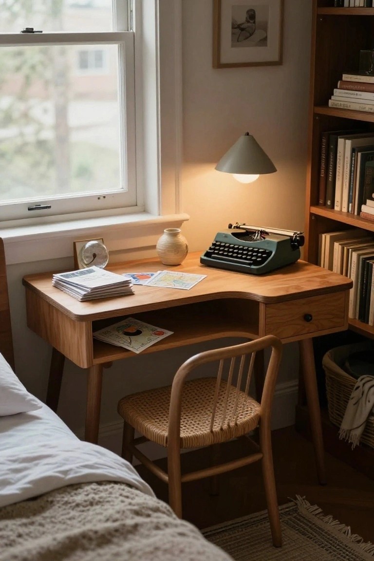 Cozy wooden desk with vintage typewriter, lamp, and woven chair by window.