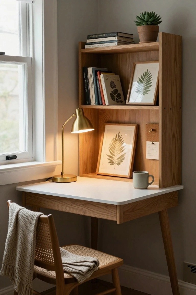 Cozy wooden desk with brass lamp, books, and woven chair by window.
