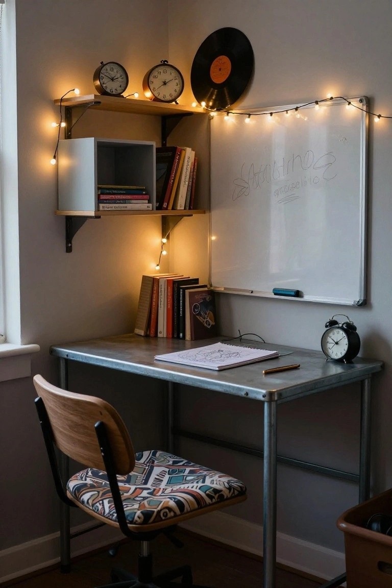Cozy study nook with metal desk, wooden chair, whiteboard, books, and string lights.