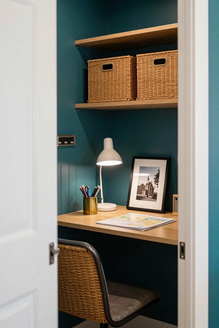 A compact wooden desk with a white lamp and framed photo is positioned in a teal corner nook beneath a wooden shelf holding two woven storage baskets.