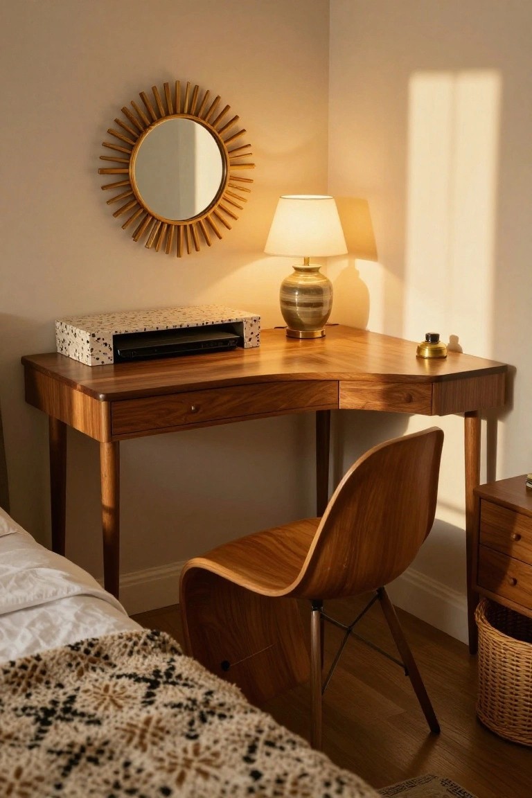 A wooden corner desk with a curved front sits in a bedroom corner beneath a round sunburst mirror, accompanied by a wooden chair, table lamp, and small accessories on the surface.
