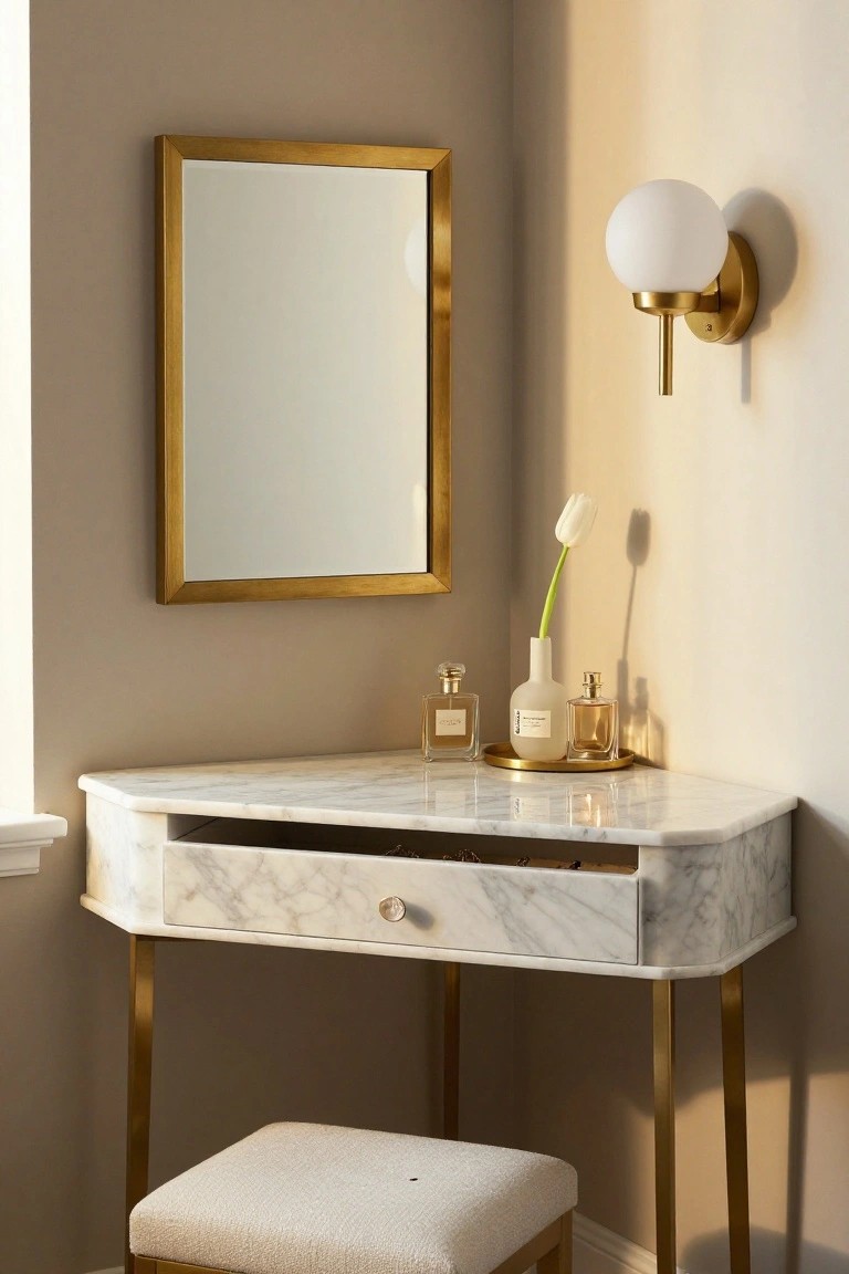 Marble vanity table with gold frame, mirror, stool, and perfume bottles.