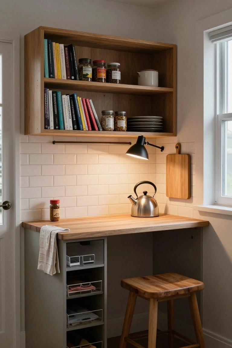 Modern kitchen nook with wooden shelves, kettle, stool, and white tile backsplash.