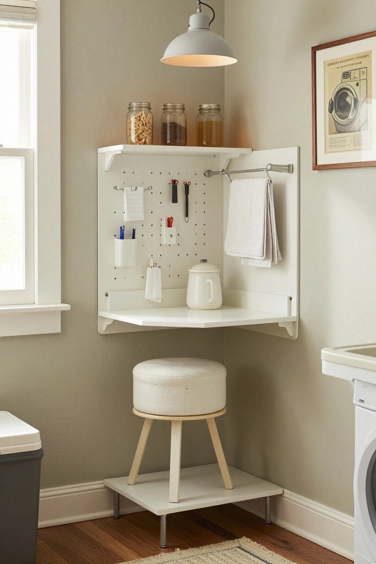 White corner laundry room with pegboard, jars, stool, and washing machine.