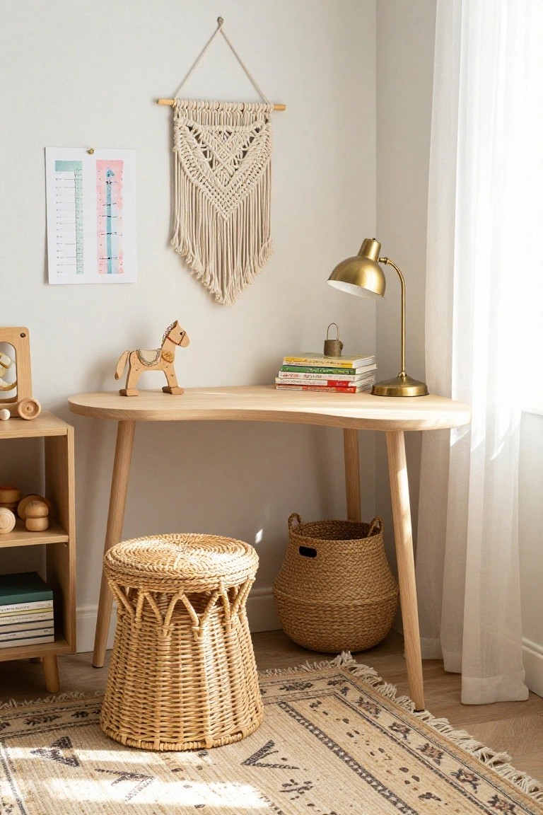 A light wood corner desk with a curved front edge placed against two walls, with a woven stool and basket stored underneath along with a stack of books and a brass desk lamp on top.