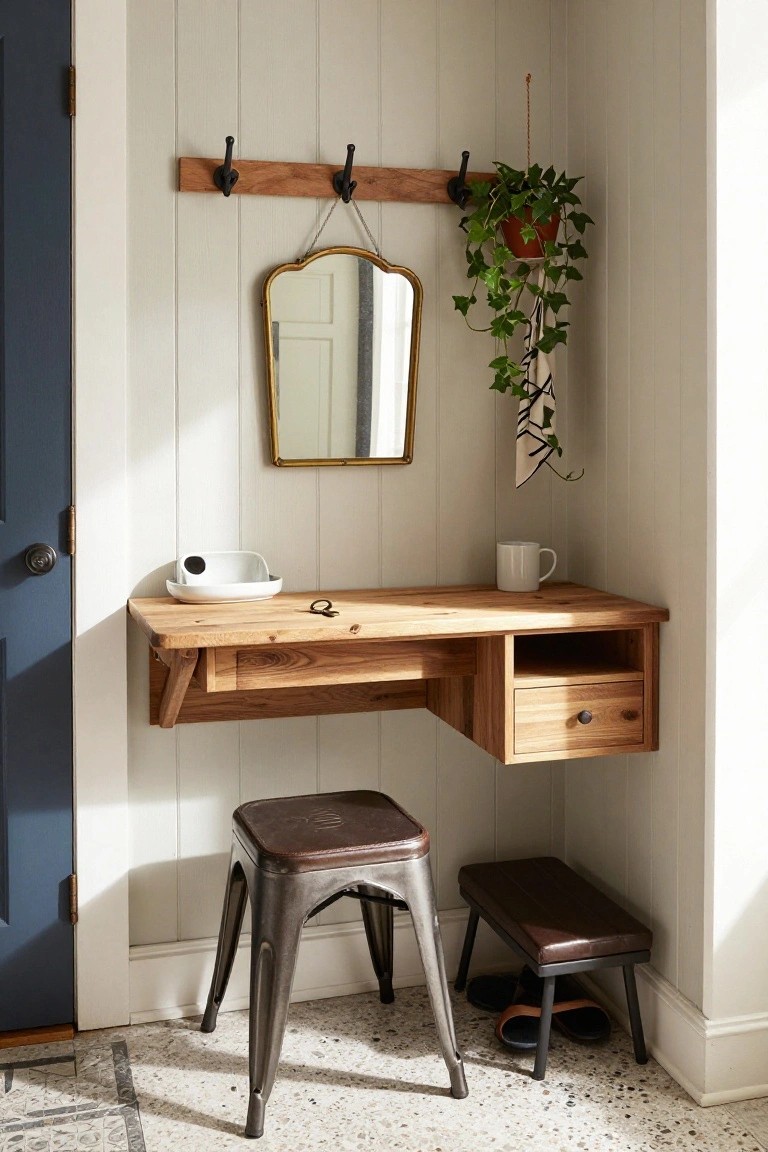 A wooden corner desk fitted against white paneled walls, with a metal stool in front, wall hooks holding a mirror and hanging plant, and a small bench with shoes underneath.