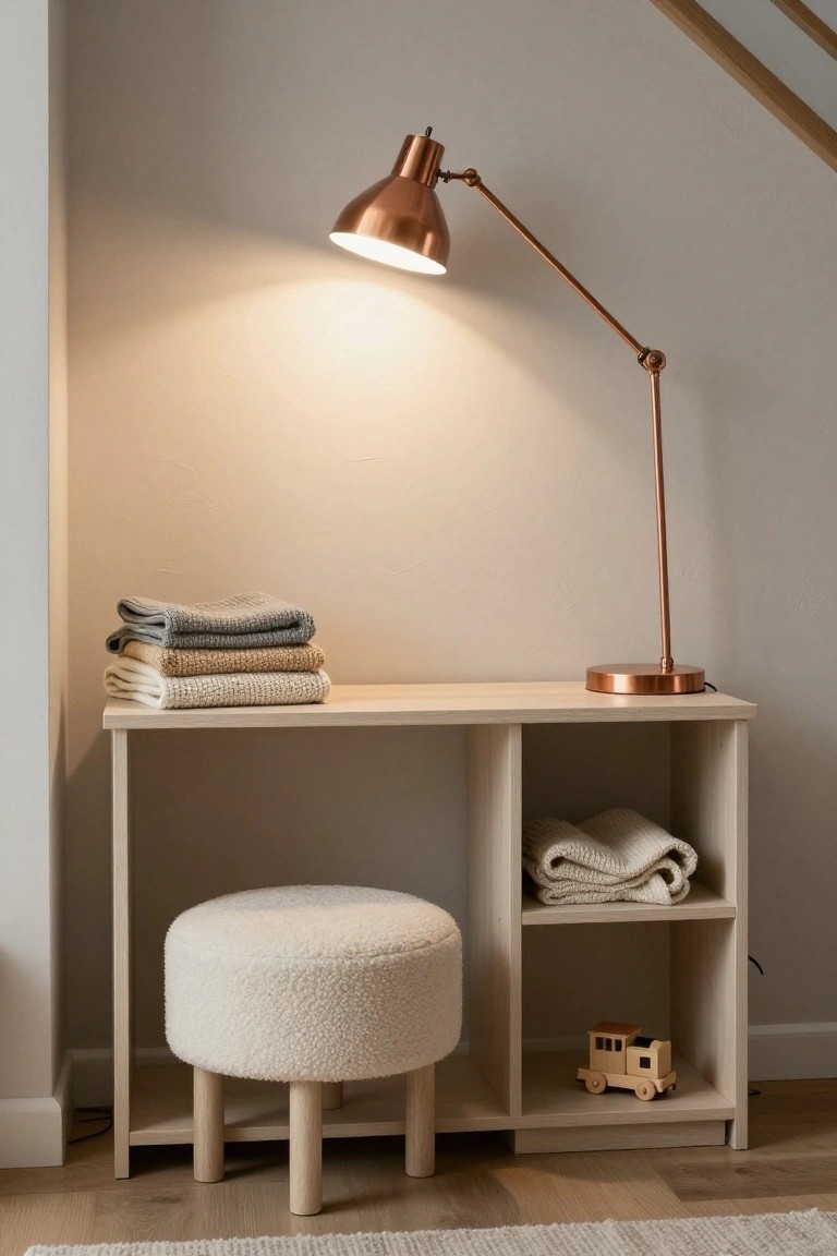 Minimalist wooden desk with copper lamp, folded towels, stool, and toy train.