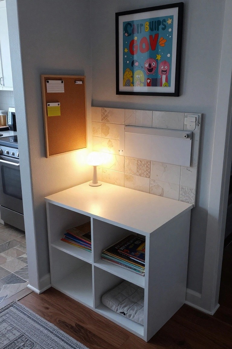 White cubby shelf with books, lit lamp, corkboard, and colorful poster.