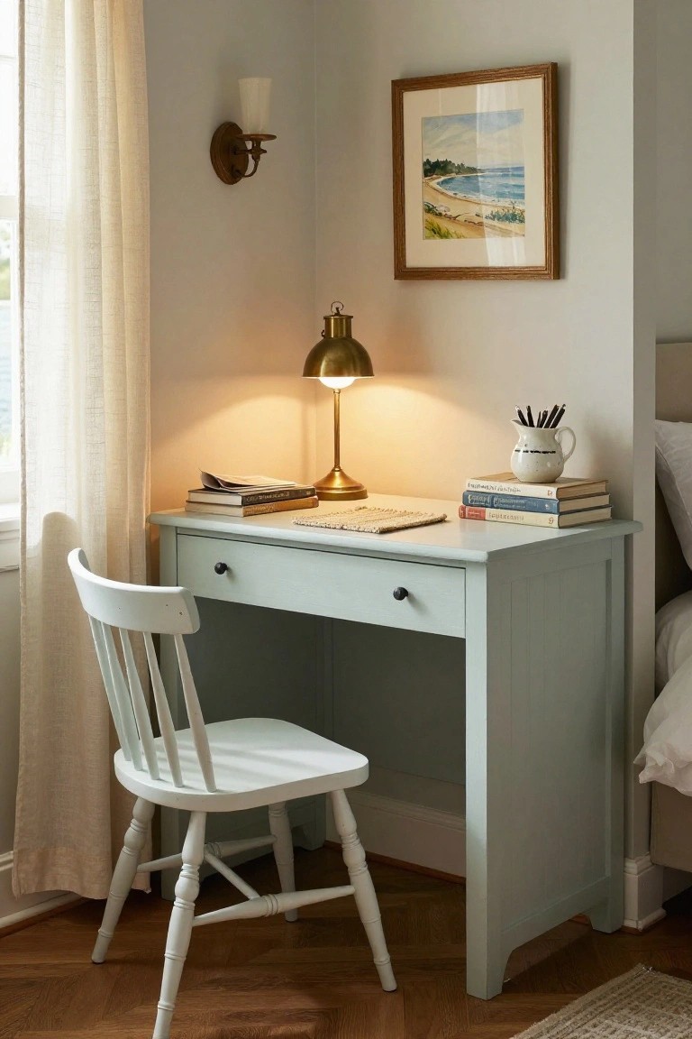 A light blue corner desk with a white wooden chair, brass lamp, books, and a framed painting above it in a room with wood floors and a window nearby.