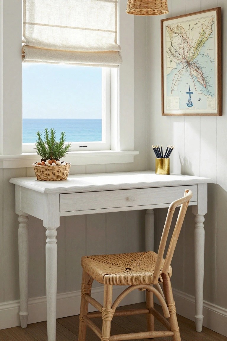 A white wooden desk with one drawer is positioned in a corner beneath a window overlooking the sea, with a woven chair and a small basket of greenery on the surface.