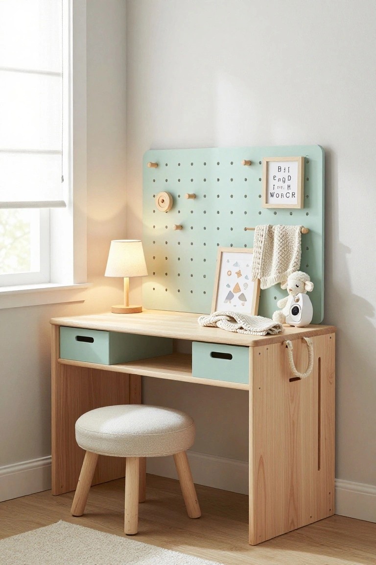 Wooden kids desk with mint pegboard, lamp, stool, and toys.