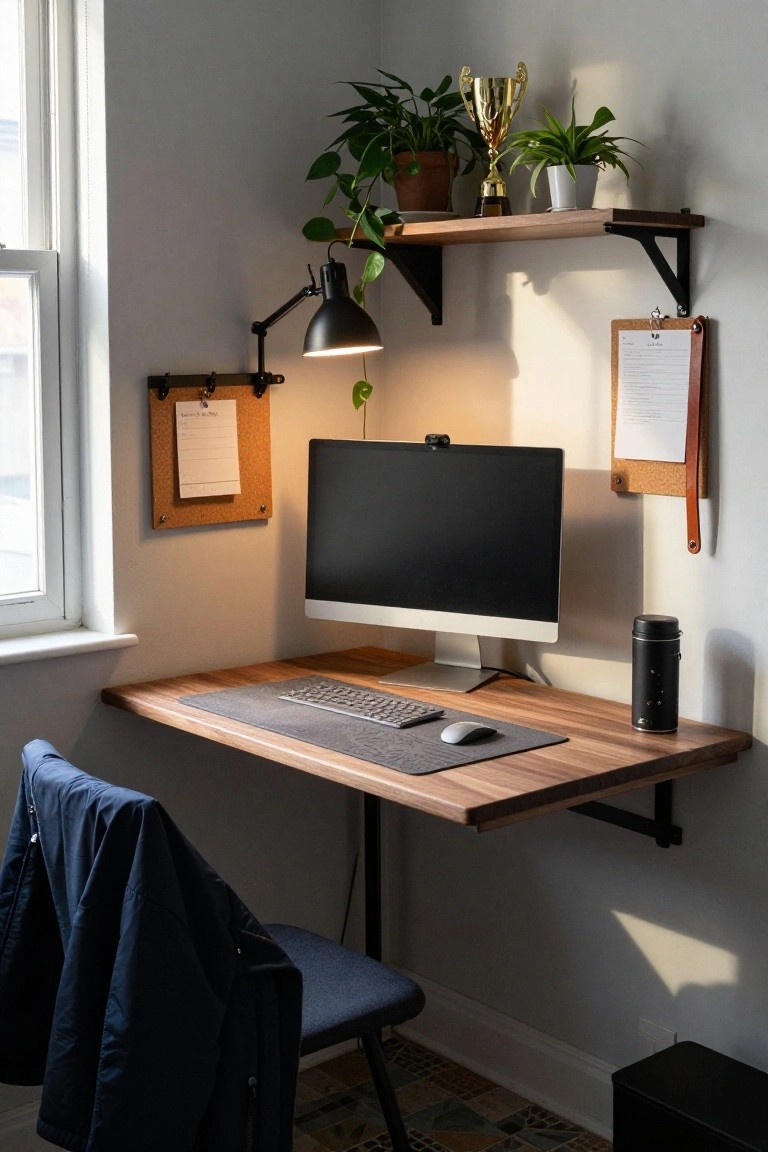 A wooden floating desk mounted in a room corner holds a computer monitor, keyboard, and mouse, with a wall shelf above containing plants and a trophy.