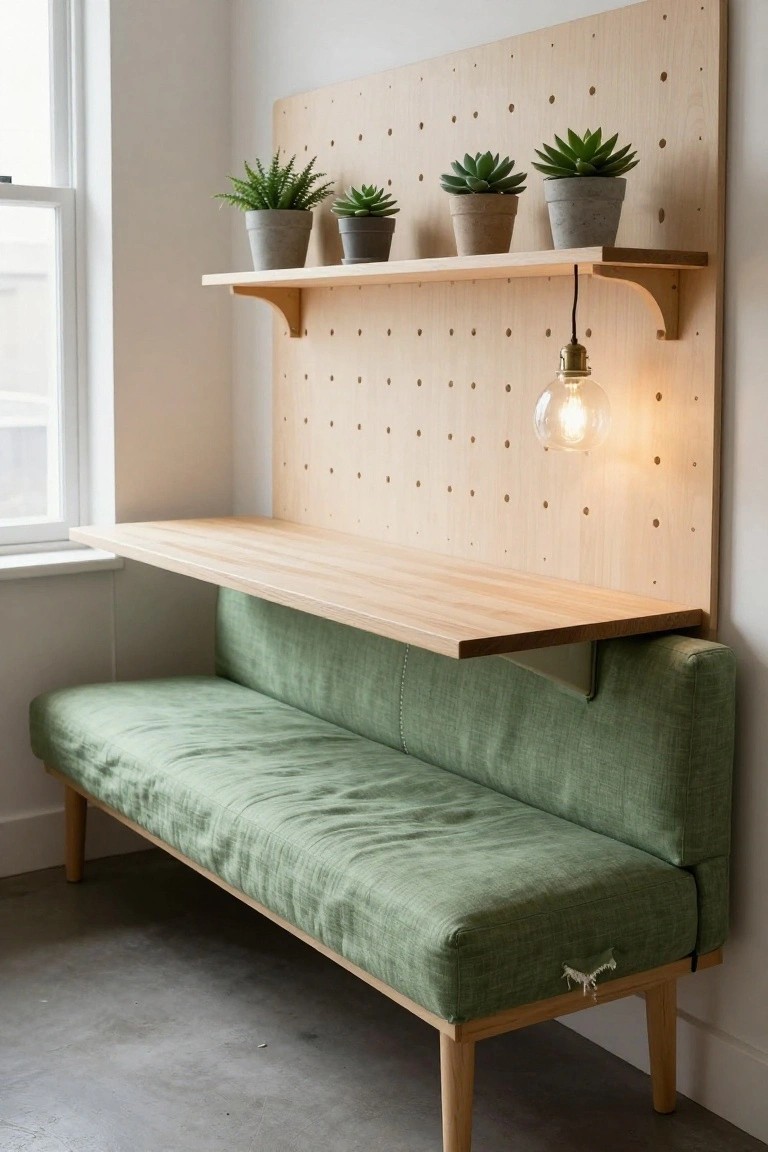 Green upholstered bench sofa under a light wooden floating desk shelf on a birch pegboard wall with potted succulents, hanging bulb light, and window in a small indoor corner.