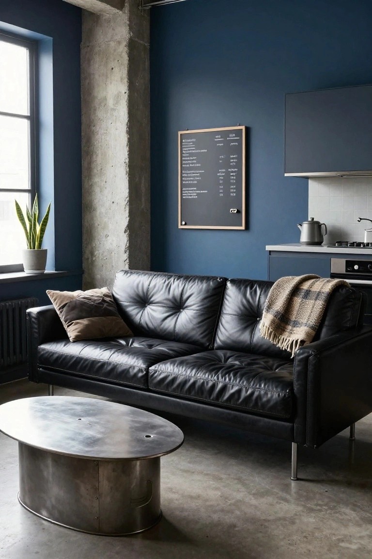 Black tufted leather sofa with pillows and plaid throw on a blue wall in an industrial kitchen-living room, paired with oval brushed metal coffee table on concrete floor.