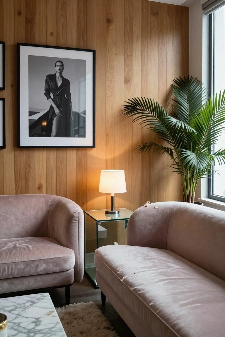 Room corner with light wood paneling, blush pink velvet curved armchairs and sofa, glass side table with lamp, potted palm plant, and large black-and-white framed photo on wall by window.