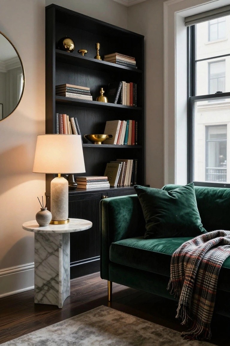A green velvet sofa in a corner next to tall black bookshelves filled with books and objects, with a white lamp on a marble side table, large window, and hardwood floor in a light room.