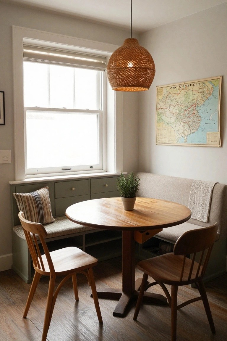Cozy indoor dining nook with gray fabric banquette seating along sage green cabinets under a window, round wooden table with potted rosemary plant, two wooden chairs, striped pillow on bench, rattan pendant light, and vintage map on beige wall.