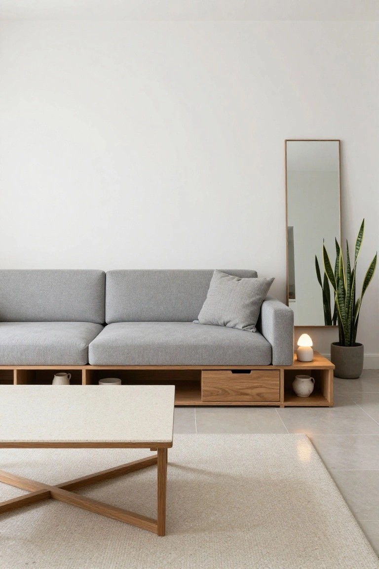 Gray modular sofa with integrated wooden shelving and drawer base in a minimalist living room featuring a white coffee table, beige rug, potted snake plant, ceramic lamp, and tall framed mirror against white walls.