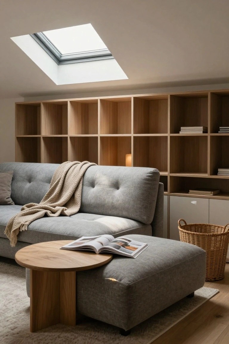 Modern gray sofa with wooden shelves, skylight, and open book on table.