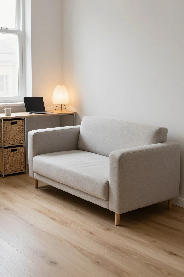 Light gray fabric sofa with wooden legs in a minimalist white room corner next to a wooden desk holding a laptop, white mug, and paper lamp, with wicker basket storage underneath on light wood flooring.