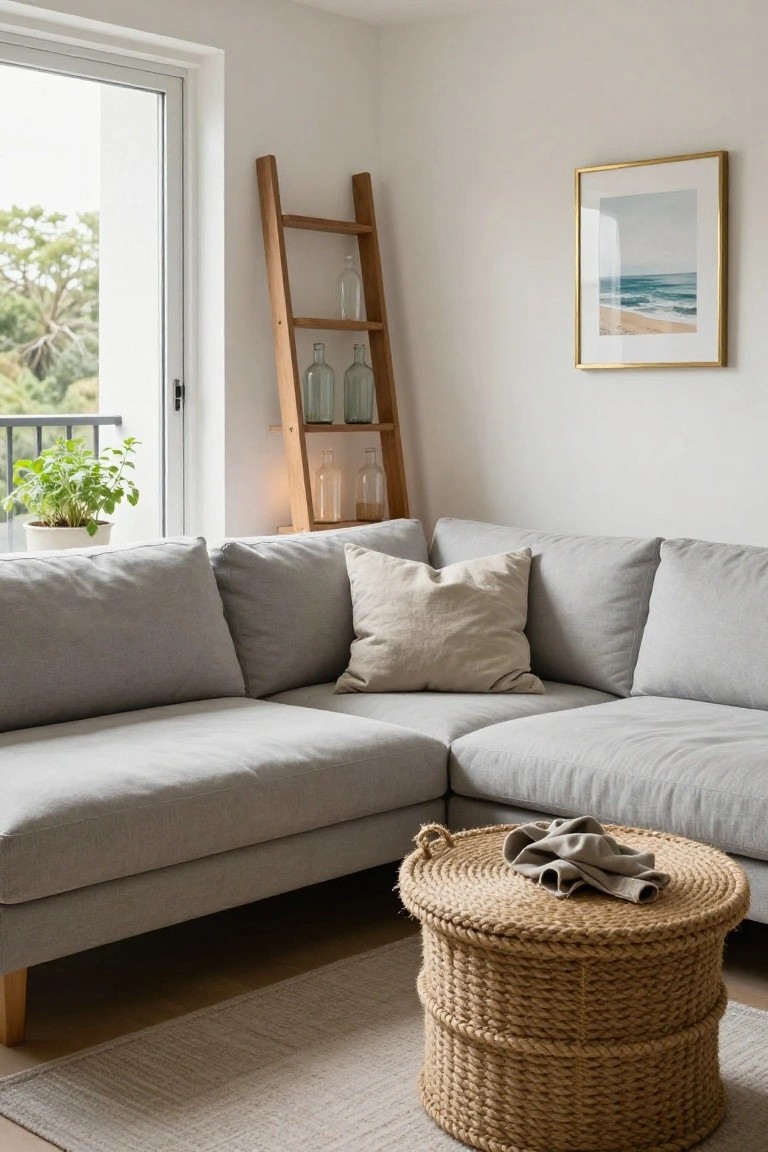 Light gray L-shaped fabric sofa in a white-walled room corner, with a beige pillow, woven rope basket side table holding a folded cloth napkin, wooden ladder shelf with glass bottles nearby, potted herb plant on windowsill, and view of greenery through a glass door.