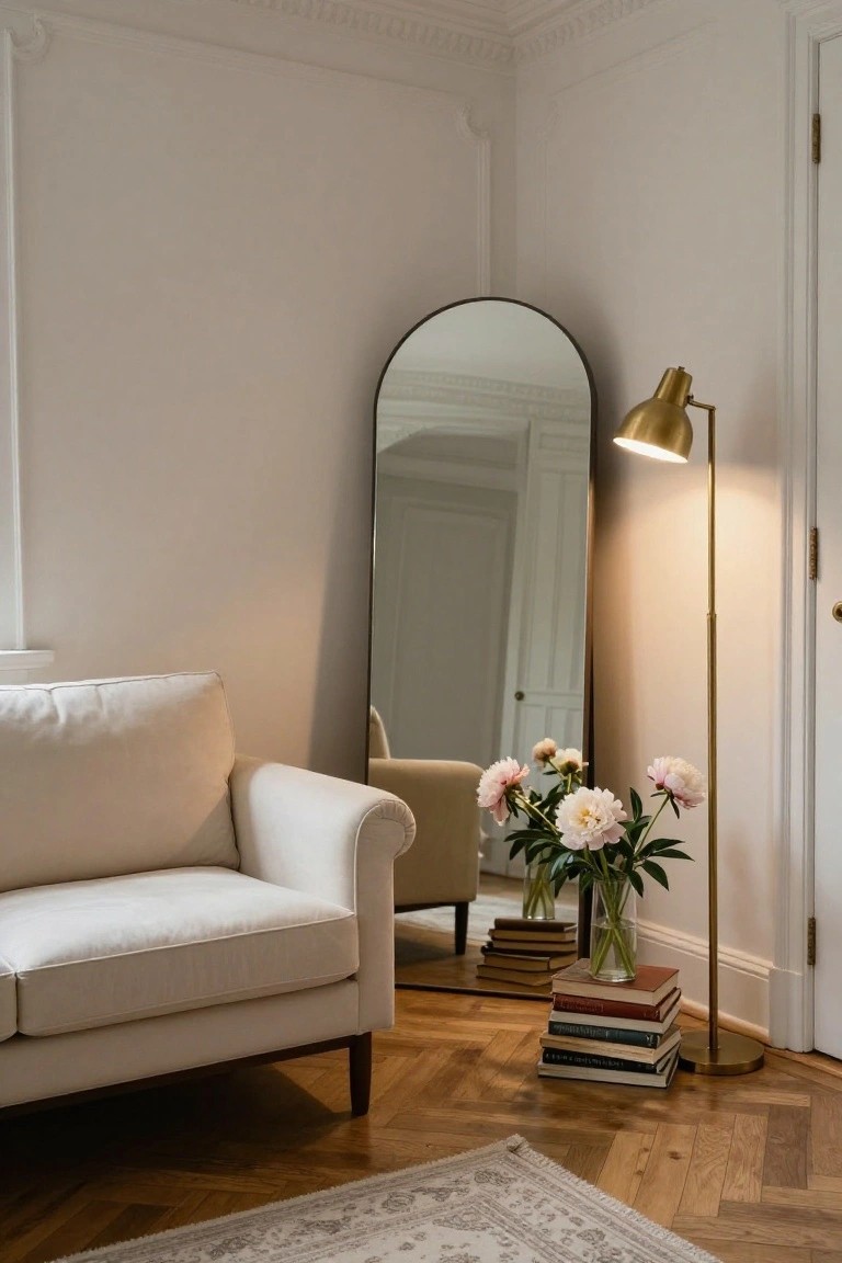 Cream tufted sofa in room corner beside tall arched mirror, gold floor lamp, peony arrangements in glass vases, stacked books on parquet floor with edge of patterned rug.