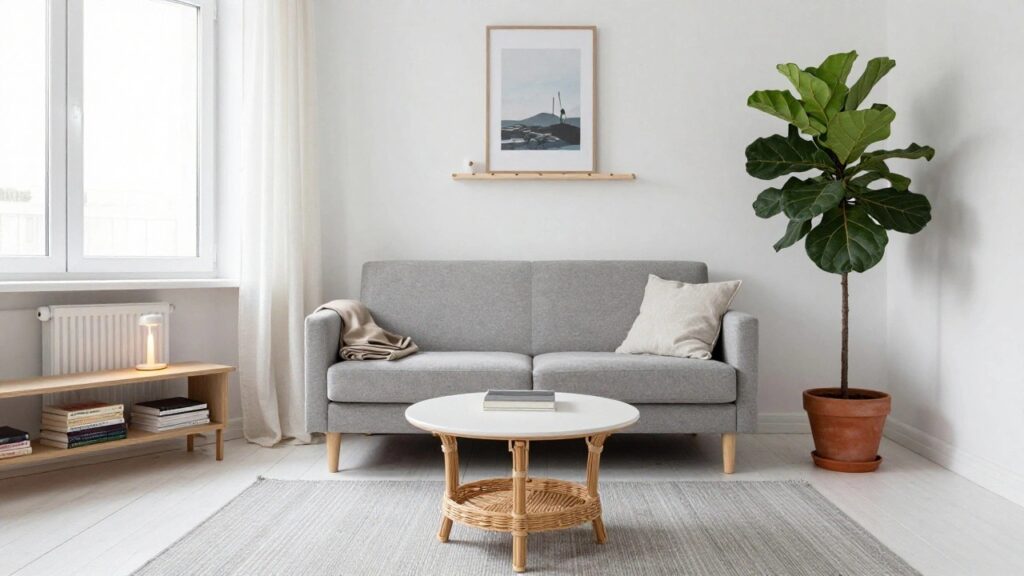Light gray two-seater sofa with slim wooden legs in a bright white living room with large curtained windows, tall potted green plant beside it, wooden oval coffee table with woven rattan basket base, neutral rug, and shelf with lamp and books.