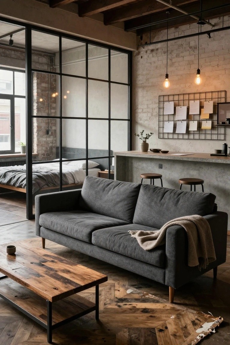 Studio apartment interior with gray fabric sofa facing a wooden coffee table, glass partition wall to bedroom area, exposed brick walls, pendant lights, and concrete kitchen counter with stools.