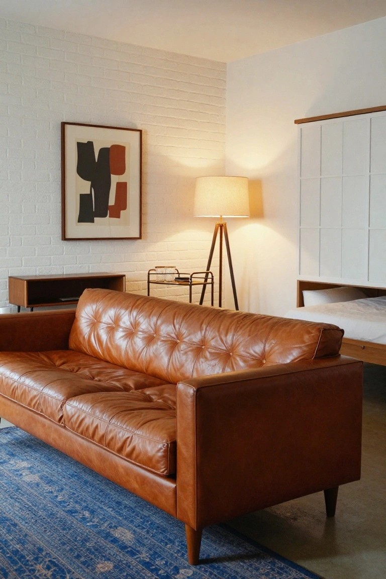 Tan tufted leather sofa on a blue rug in a room with white brick wall, abstract framed artwork, wooden console table, metal bar cart, tripod floor lamp, and white cabinetry with built-in bed.