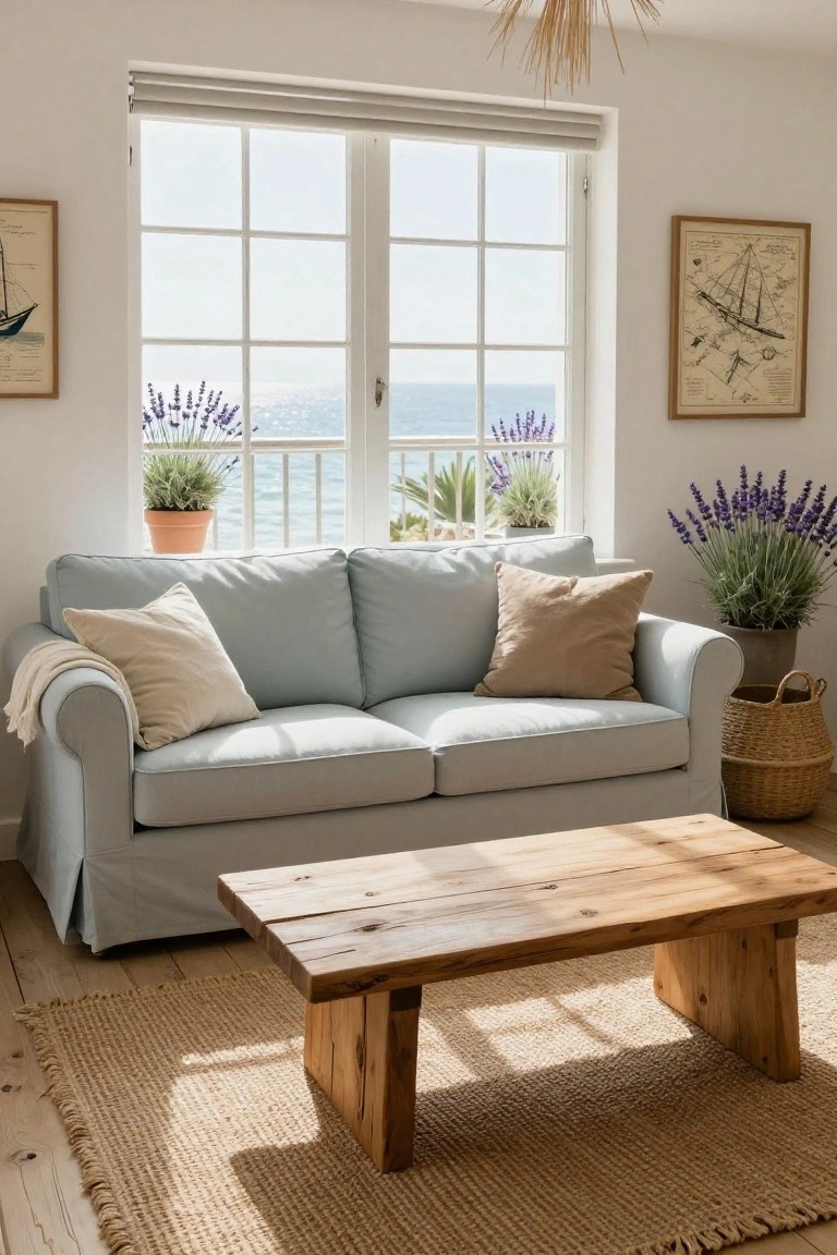 Light blue slipcovered sofa in a bright living room with large window showing sea view, wooden coffee table, seagrass rug, potted lavender plants, and nautical art on walls.