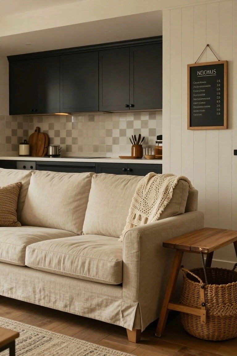 Beige linen slipcovered sofa with pillows, a crocheted throw blanket, and tan pillows next to a wooden side table with a wicker basket in a kitchen-living area featuring black upper cabinets, white counter, and checkered tile backsplash.
