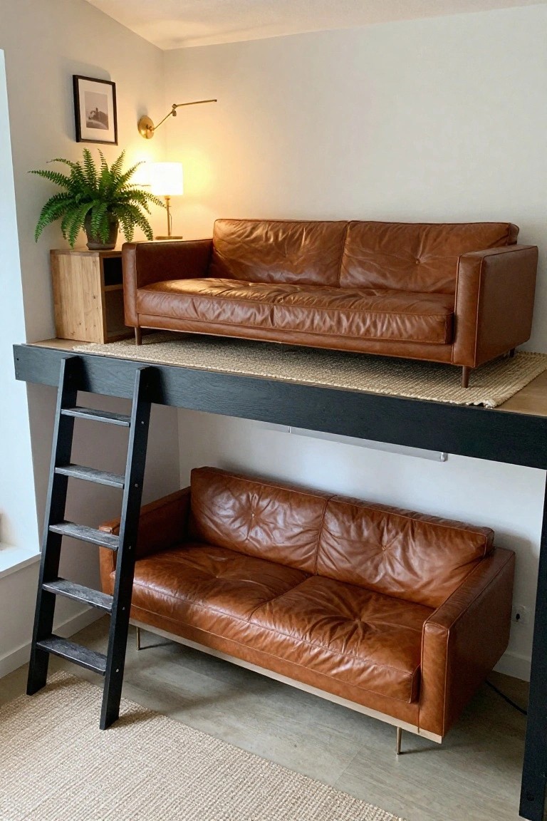 Two brown leather sofas on a loft platform with black ladder.