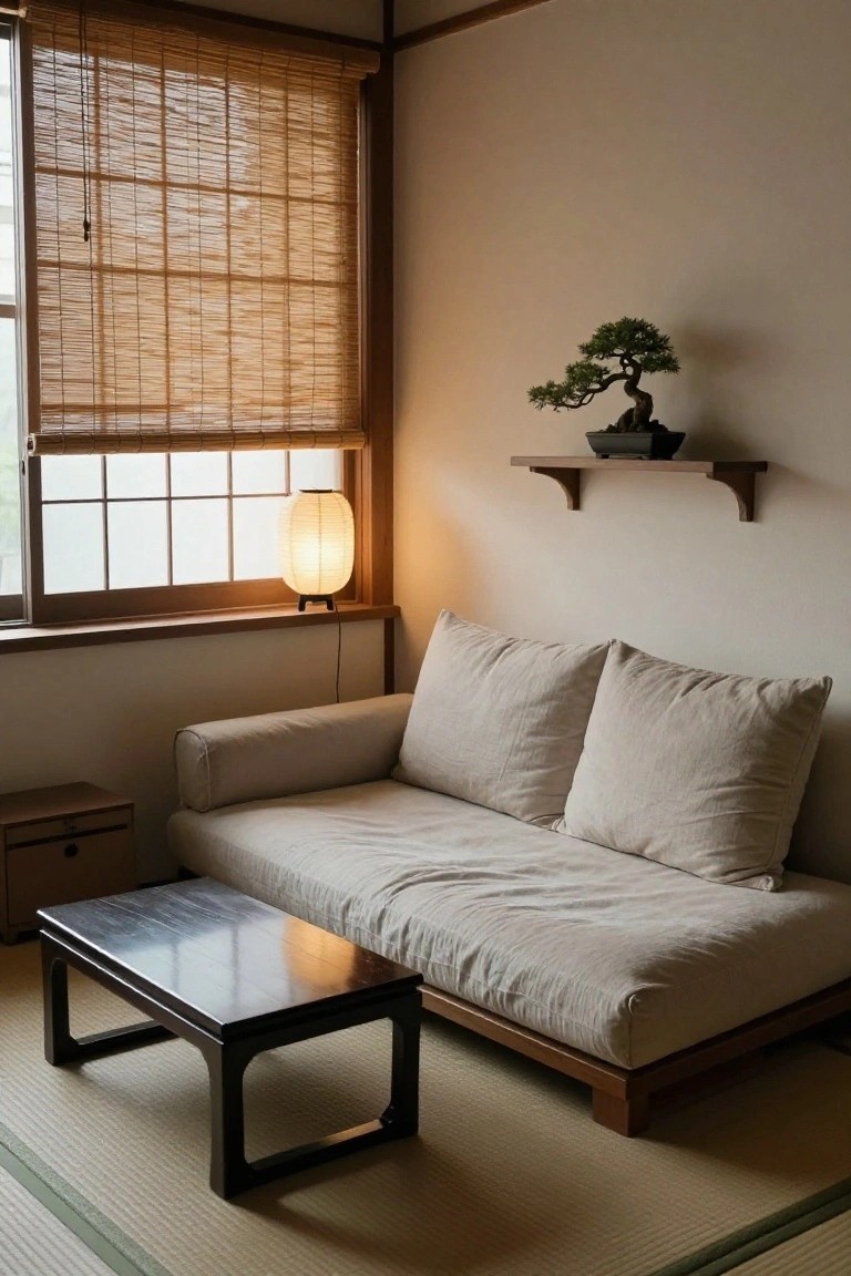 A minimalist indoor room with beige linen low sofa and black low table on green-edged tatami mats, bamboo blinds over windows, paper lantern lamp, wooden shelf with bonsai plant, and neutral walls.