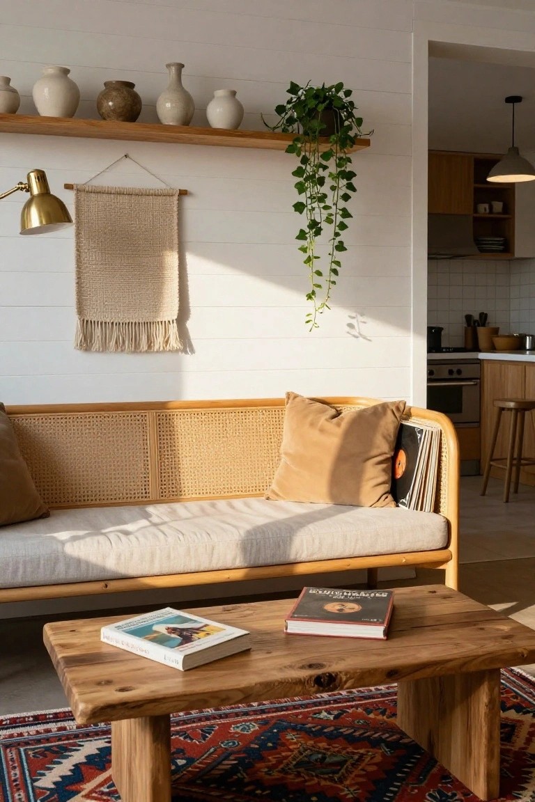 A studio apartment living area with a beige woven rattan sofa and daybed frame, neutral cushions, a low wooden coffee table holding books, shelves of ceramic vases, hanging ivy plant, woven wall hanging, and open kitchen visible in the background.