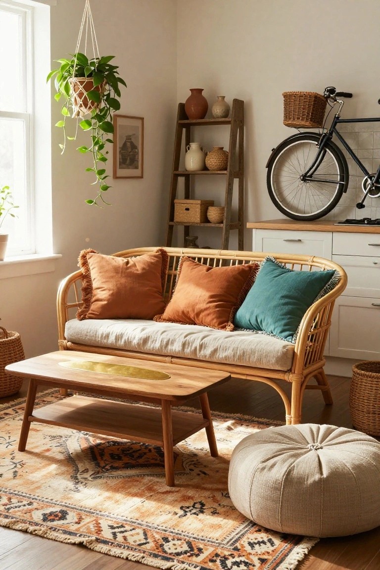 Cozy indoor room corner with beige rattan sofa topped by rust orange and teal fringed pillows, low wooden coffee table with gold tray top, hanging potted plant, ladder shelf holding pottery and baskets, black bicycle, and cream pouf on orange-toned rug.