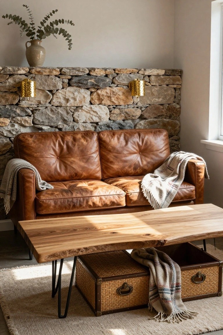 Tan tufted leather two-seater sofa with gray plaid throw against stone wall, facing live-edge oak coffee table on black metal legs with wicker storage basket below, eucalyptus in terracotta vase, gold sconces, beige rug, window light.