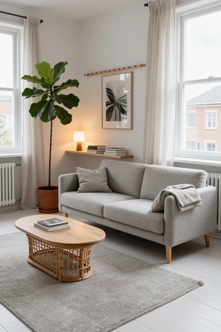 Light gray two-seater sofa with slim wooden legs in a bright white living room with large curtained windows, tall potted green plant beside it, wooden oval coffee table with woven rattan basket base, neutral rug, and shelf with lamp and books.