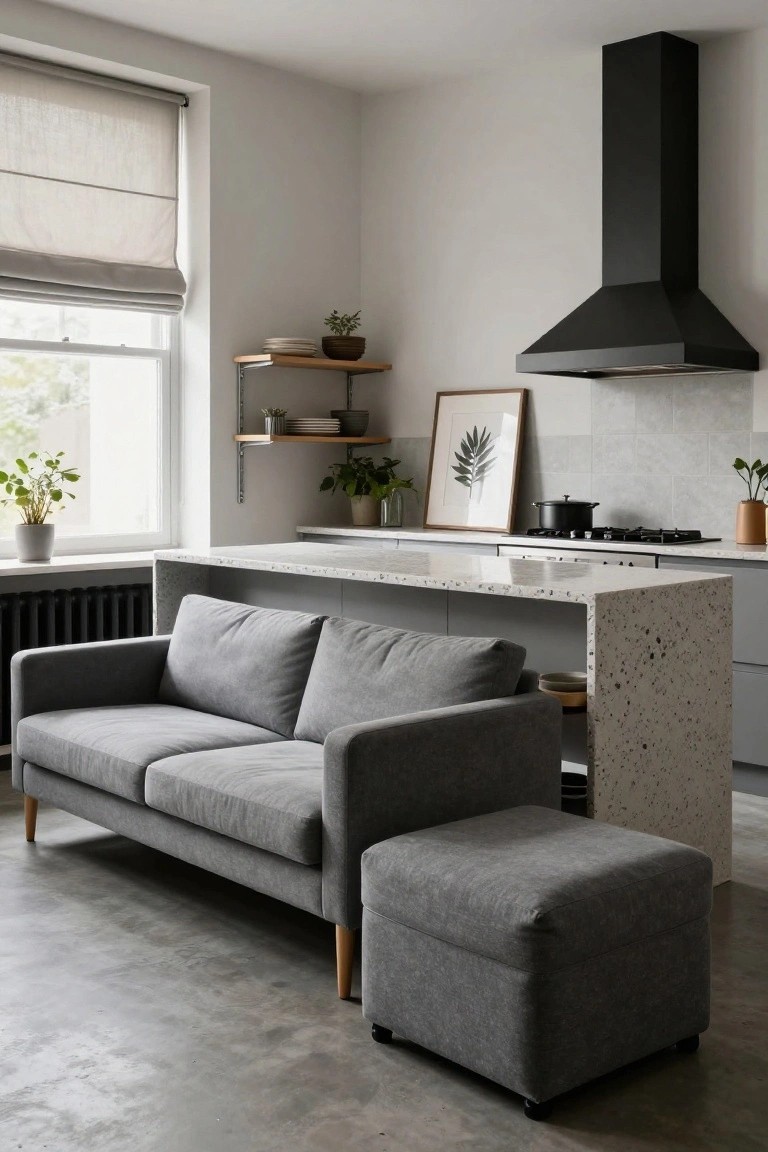 Gray two-seater sofa and ottoman placed against a terrazzo kitchen island in a studio apartment living-kitchen area with black range hood, plants on shelves, and large window.
