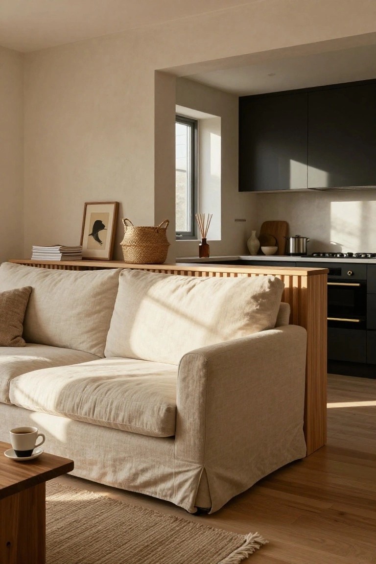 Cozy beige linen sofa in a sunlit modern kitchen-living space.