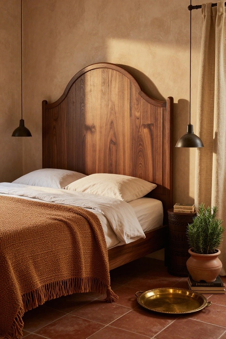Bedroom with dark walnut wood bed frame featuring arched headboard, white pillows and sheets under orange knit throw, two black pendant lights hanging from ceiling, potted rosemary plant on carved stool, brass tray on terracotta tile floor.