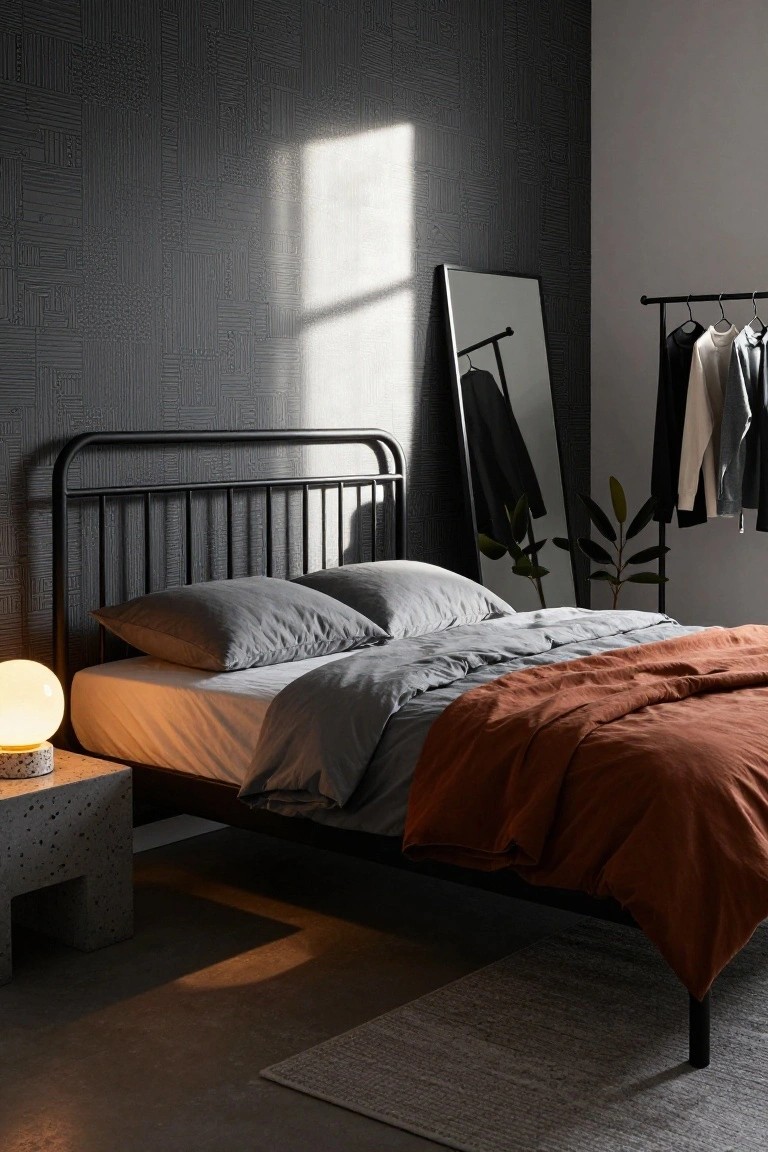 A bedroom with black metal bed frame, gray pillows and duvet cover, orange throw blanket, white globular lamp on speckled concrete nightstand, full-length mirror reflecting clothes rack with hanging garments, dark textured wall, and concrete floor.