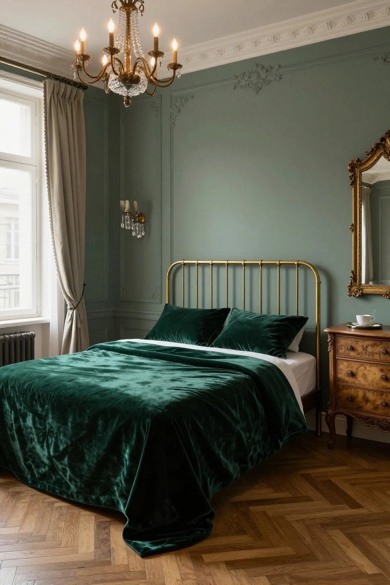 A bedroom with sage green paneled walls, a gold metal bed frame holding a bed dressed in emerald green velvet bedding and pillows, an ornate gold mirror, wooden dresser, chandelier, wall sconce, beige curtains at a tall window, radiator, and parquet wood floor.