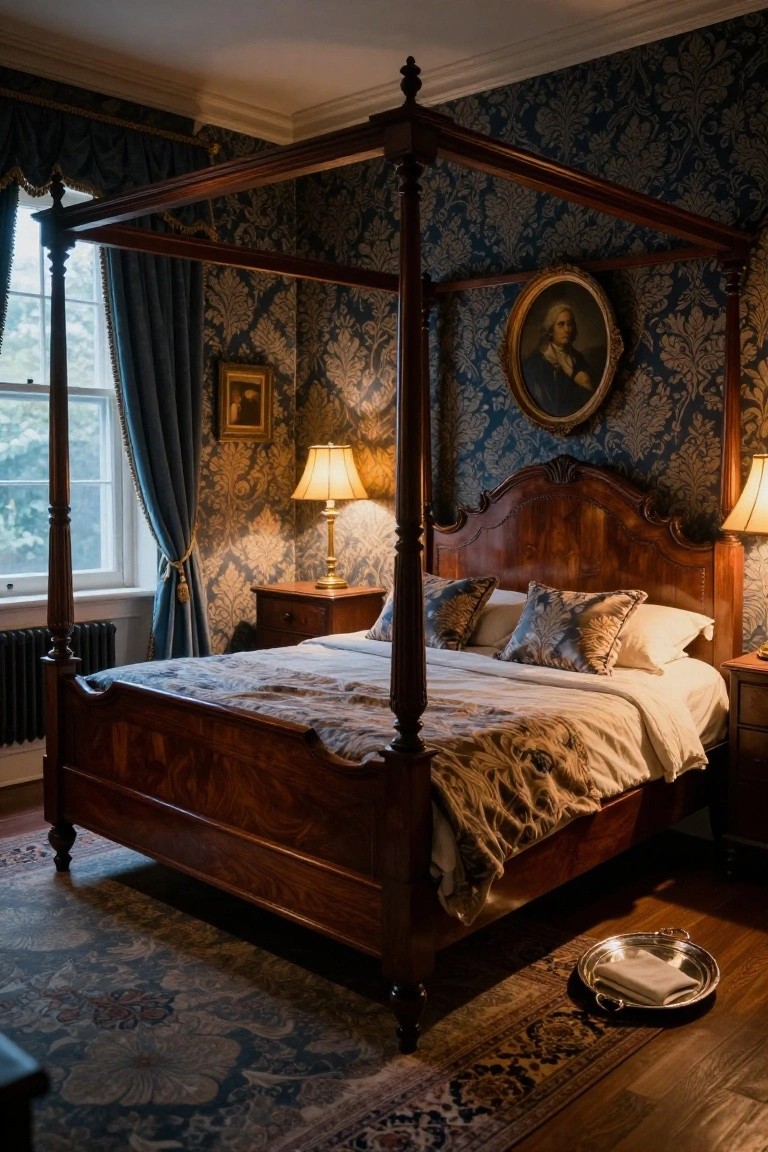 A bedroom interior with a large dark wood four-poster bed draped in blue fabric, navy patterned wallpaper, two bedside lamps, a portrait on the wall, and a silver tray on the wooden floor.